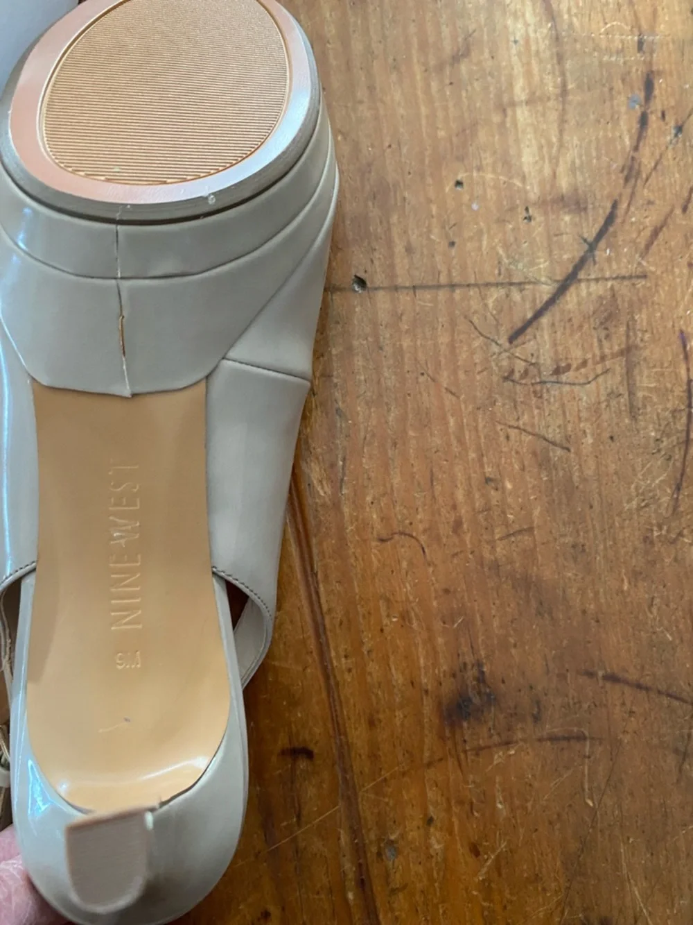 Nine West Taupe Patent Peep-Toe Slingback Heels - Picture 14 of 15